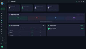 Dashboard do PortChat mostrando conversas em atendimento, filas em tempo real e agentes online
