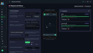 Tela de disparos em massa do PortChat com preview da mensagem no WhatsApp e histórico de campanhas